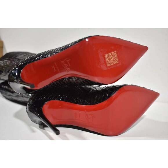 Christian Louboutin Alta Botta 100 Black Patent Bird Knee High Heel Boot 38.5 - Picture 12 of 12